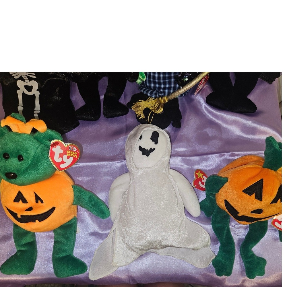 Ty Beanie Babies Vtg 7 Halloween Ghost Witch Skeleton Pumpkin Vampire Panda - Picture 2 of 9